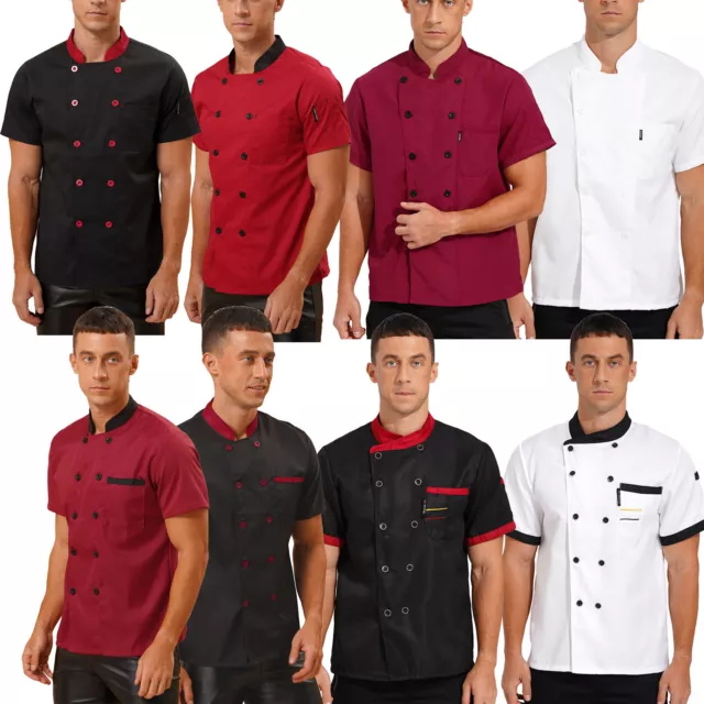 Mens Chef Coat Short Sleeve Shirt Cooking Work Jacket Kitchen Restaurant Uniform