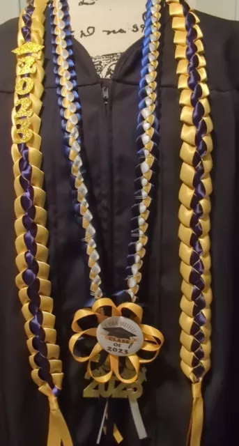 Graduation Ribbon lei  2023 solid navy blue and light gold Set