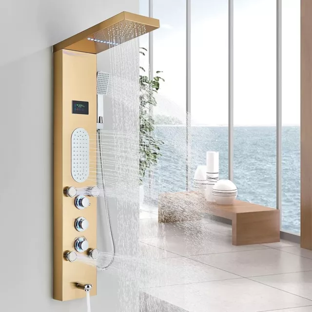 Gold LED Shower Panel Tower Rain Head Combo Massage Jets System Stainless Steel