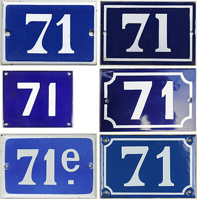 Old blue French house number 71 E door gate wall fence street sign plate plaque