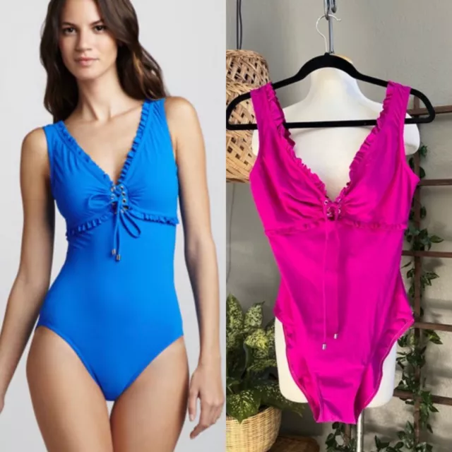 Karla Colletto Ruffle Lace-Up Front V-Neck One-Piece Swimsuit 12