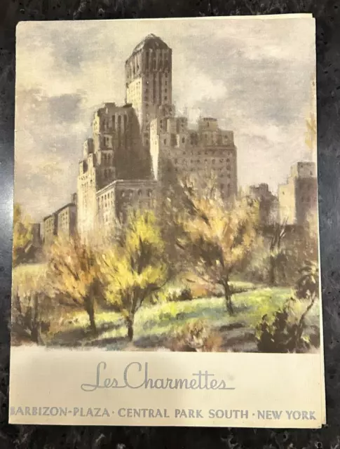 1943 Les Charmettes Menu. New York City. Barvizon Plaza Hotel Central Park South