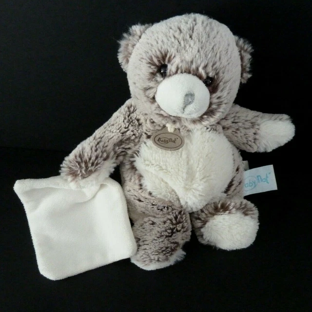 *. DOUDOU PELUCHE BABY NAT' OURS MARRON CHINE GRIS MOUCHOIR BLANC 21c NEUF*