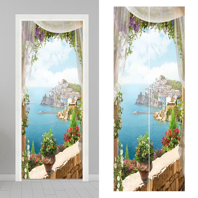 2pcs 3D Landschaft Tür Aufkleber Simulation Meerblick Tür Wandbild PVC