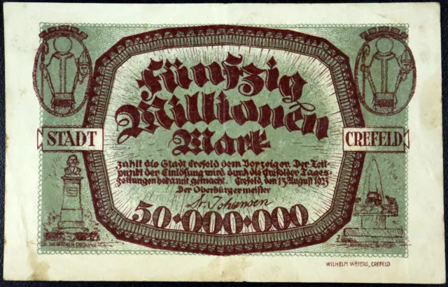 CREFELD / KREFELD 1923 50 Million Mark Inflation Notgeld Banknote Germany