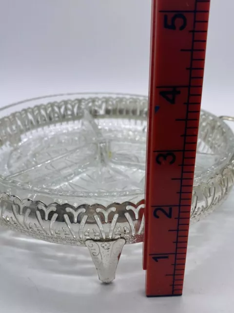 Lovely Vintage Silver Plated Three Section Clear Cut Glass Serving Platter Dish 3