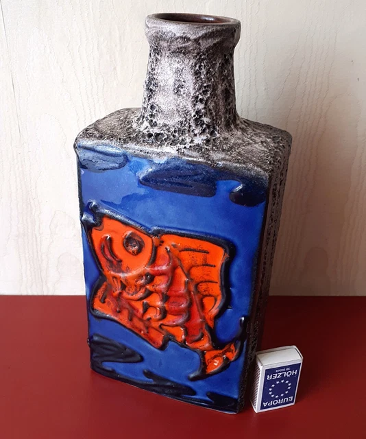 FAT LAVA SCHEURICH Keramik Flaschen Vase Motiv Fische 30 cm 60er/70er
