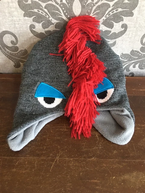 Wonder Nation Youth Gray Face Monster Beanie Hat Red Fringe Fleece Lined OneSize