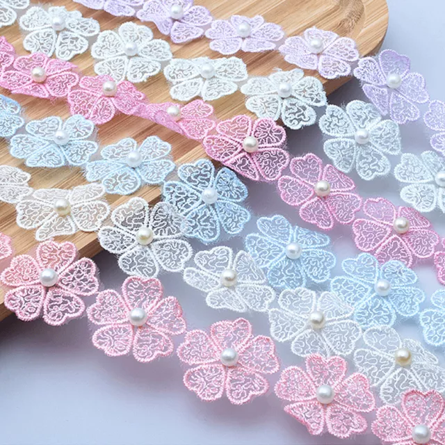 1Yd Perle Blume Organza Spitzenborte Stickerei DIY Hochzeitskleid Dress Bänder