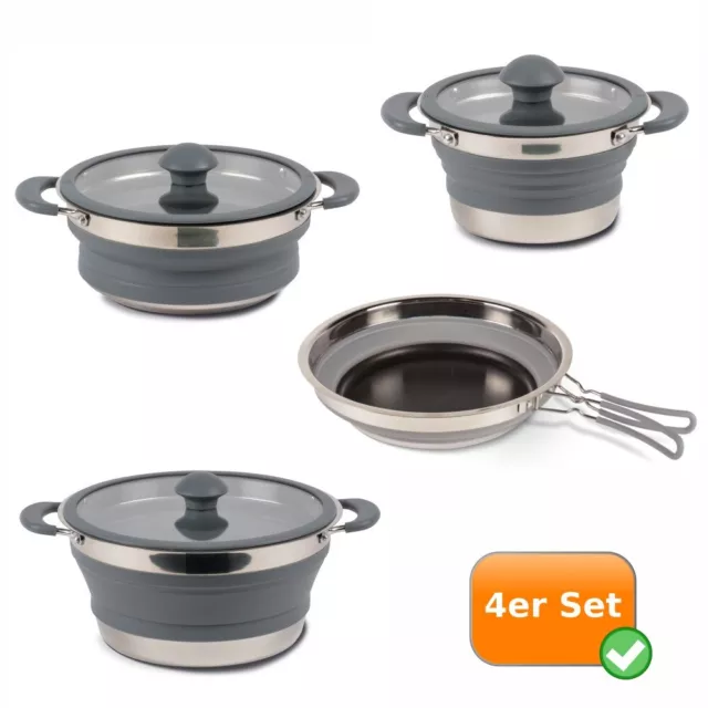 Silikon/Metall 4er Kochtopfset + Pfanne faltbar Camping Töpfe 1,0+1,5+3,0L Grau