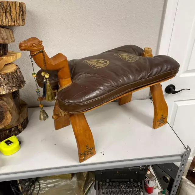 VTG Egyptian Camel Saddle Seat Ottoman Foot Stool Leather Wood Izmir Turkey - HN