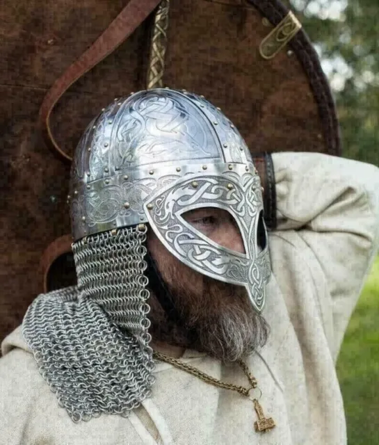 Medieval Viking Helmet Armor Vendel Steel Etched with Chainmail Viking Hallowee