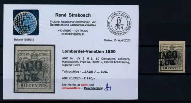 LOMBARDEI-VENETIEN 1850 10C, schwarz, HP, Type I.a, SEITZ Sig. Kw:110,-! Befund