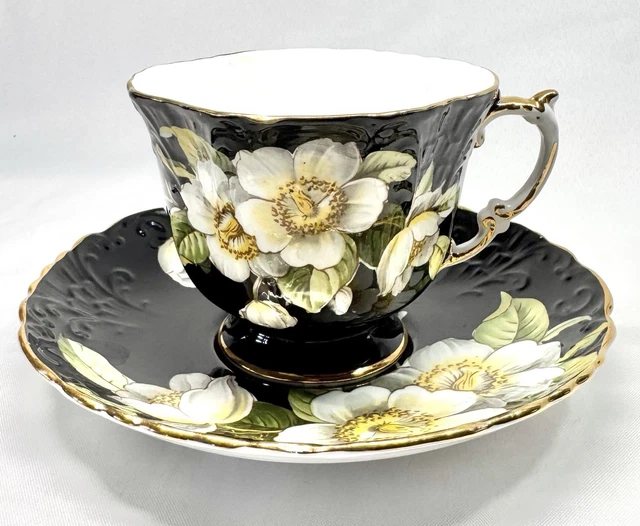 RARE AYNSLEY ORCHARD Blossom Black Teacup & Saucer Gold Trim Bone
