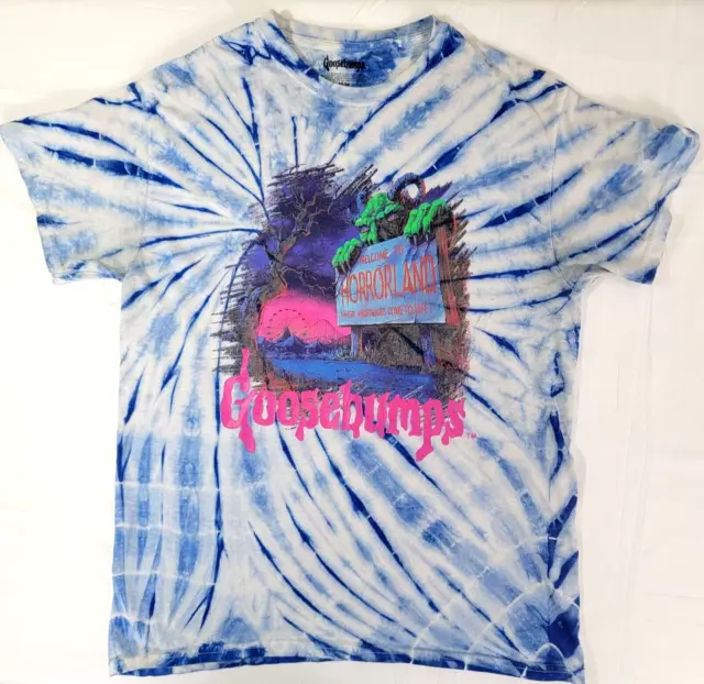 Vintage Goosebumps WELCOME TO HORRORLAND Tie Dye Blue White T-Shirt Sz Medium GU