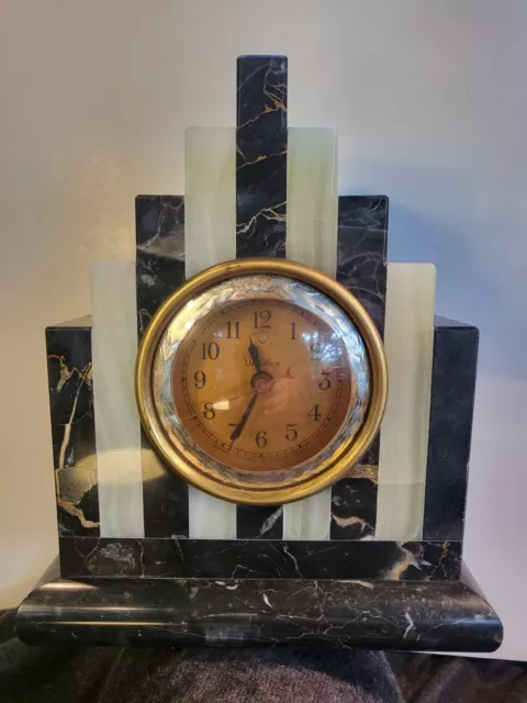 Old Antique TELECHRON CLOCK VTG, GENUINE ONYX, BLK MARBLE GOLD SWIRL WORKING