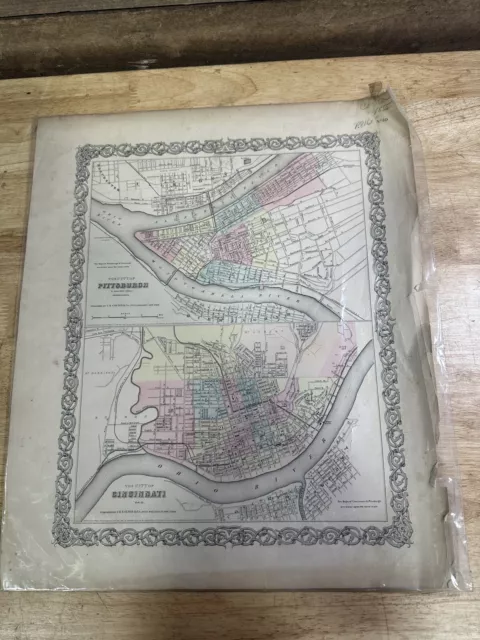 Antique J. H. Colton & Co Map Of Pittsburgh And Cincinnati In 1855