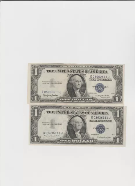 2 Notes 1935 G-H (1 with motto & 1 without motto) One dollar Silver Certificate