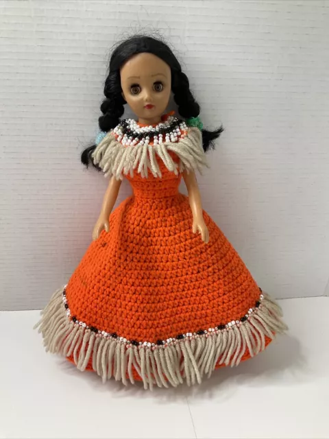 Vintage 14 Native American Indian Doll w/ Handmade crochet Dress