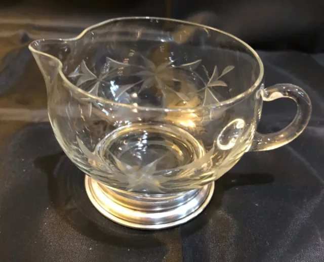 Crystal Creamer Beautifully Etched circa 1950s with Sterling Silver Base 3" tall