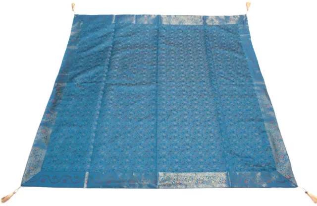 48 Square Indian Banarasi Silk Woven Paisley Dining Table Top Cover Cloth Blue