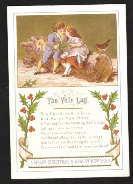 Victorian Christmas Greeting Card: The Yule Log. Ancient Christmas Carol