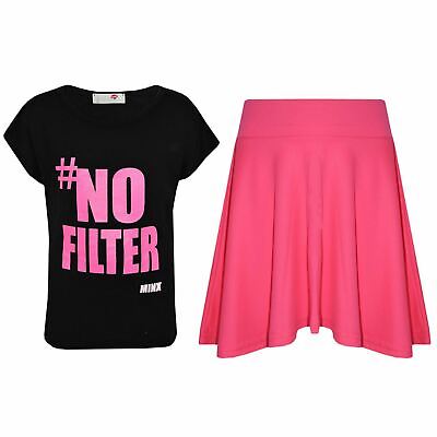Kids Girls # No Fiilter Print Crop Top & Stylish Fashion Skater Skirt Set 7-13Yr