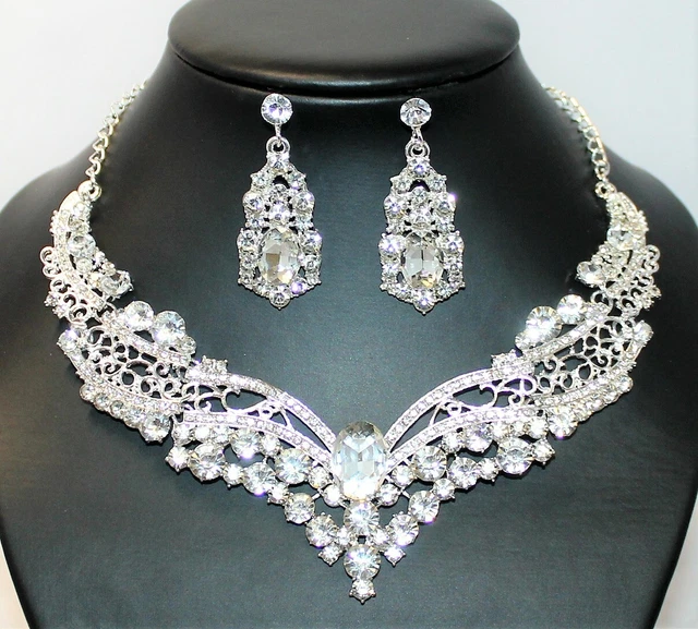 Schmuckset Damen Ohrringe, Kette Collier Kristalle Strass weiß 2tlg. NEU