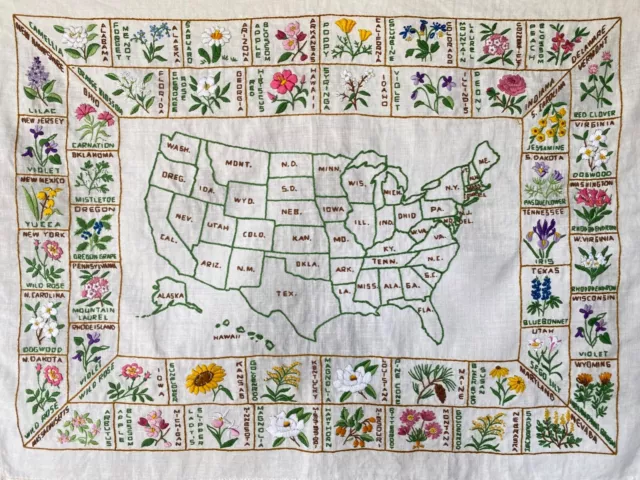 Mapa Vintage Bordado de Estados Unidos con Flores Estatales Paragon Agujas 18x24