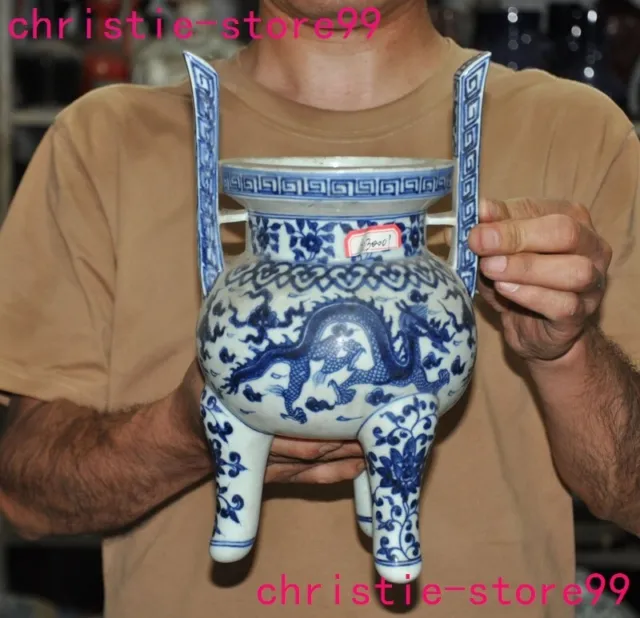 11.2"China Blue&white porcelain zodiac animal loong Incense burner Censer statue