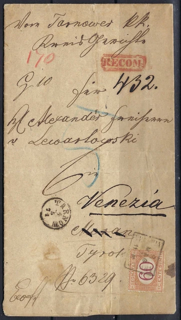 B&D: 1871 exceptional Poland stampless cover Tarnow to Merano to Venice