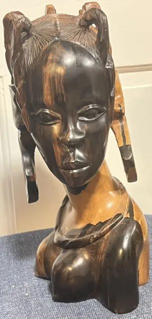 Antique Hand Carved African Woman Lady Ebony Wood Sculpture Statue Heavy &Beauty