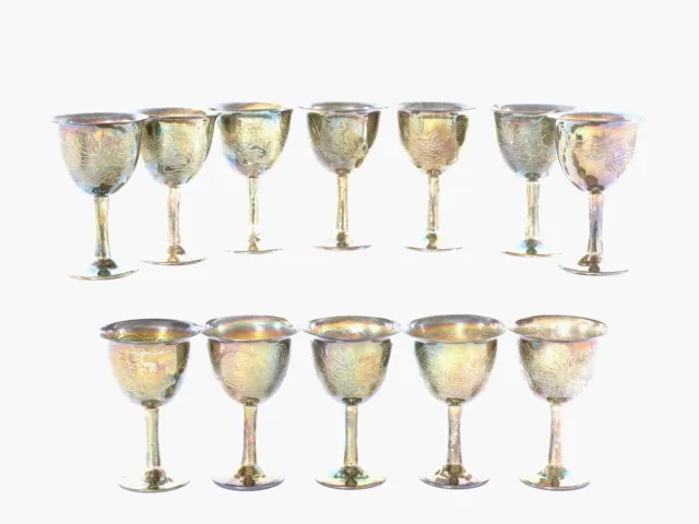 1930's Set of 12 Chinese Solid Silver Dragon Wine Pattern Cup Glasses
