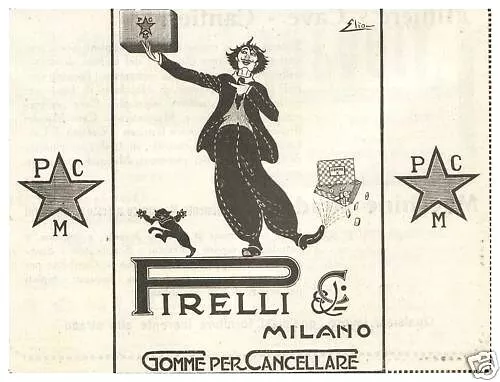 Pubblicita' 1918 Pirelli Gomme Per Cancellare Clown Gatto Gioco Milano Bicocca