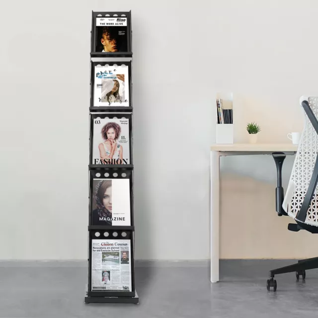 Foldable Floor-Standing Magazine Newspaper Rack A4 Brochure Tilted Shelf Black