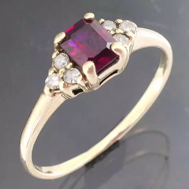 Emerald Cut Solid 9k Yellow GOLD RUBY & 6 Diamond Dress RING Sz N