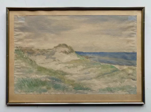 Aquarell Küstenlandschaft Strand signiert Vintage 1957 Dünen am Meer Dänemark