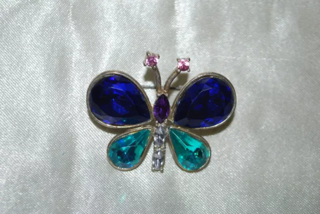 Butterfly Pin Brooch Pewter Multi Colored Crystals Wings Insect Free Shipping