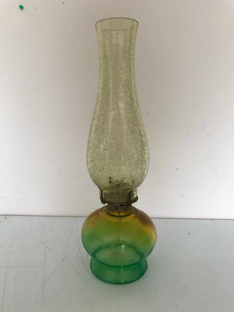 Antique Vintage Large 19" Crackle Glass Chimney Green Amber Oil Kerosene Lamp