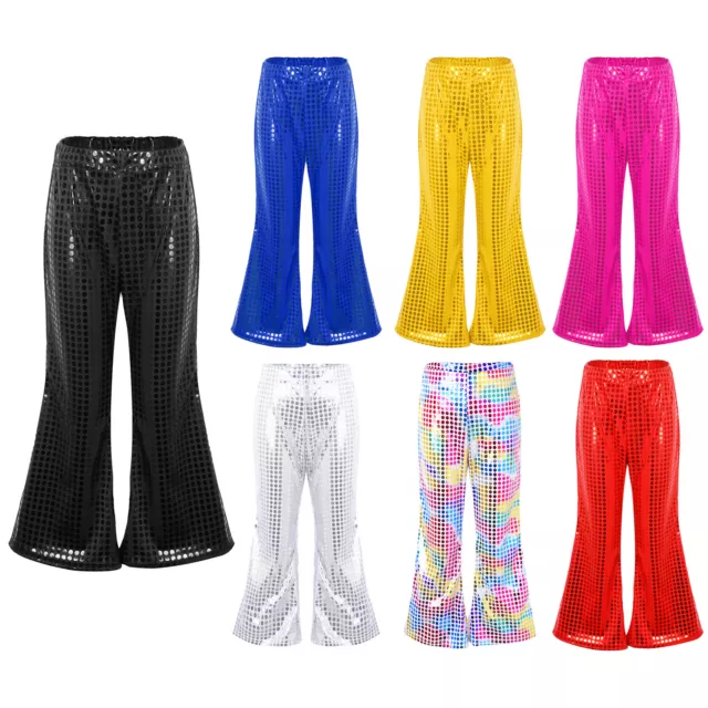 Kids Girls Metallic Flare Pants Bell-Bottoms Modern Hip Hop Jazz Dance Trousers