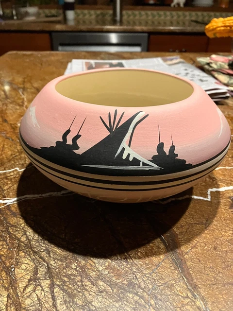 Vintage Navajo Handpainted Indian Landscape Pottery Signed Jaycee Etched