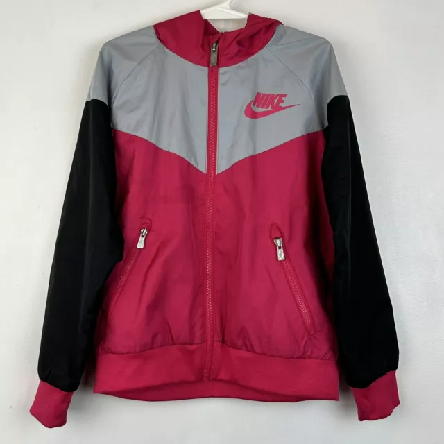 Nike Jacket Sz 7 Girls Hot Pink Swoosh Logo Windbreaker Hooded Youth Flaw