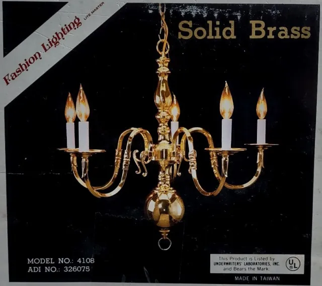 Underwriters Laboratories Williamsburg 5-Light Chandelier Polished Brass VTG NEW