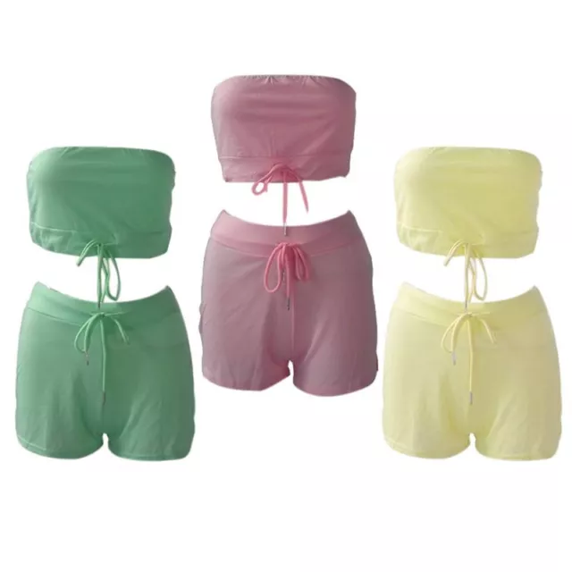 Women Outfit Strapless Tube Top Waist Drawstring Slit Shorts Tracksuit