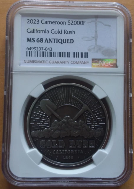 RARE 2023 Cameroon 1oz .999 Pure Silver CA Gold Rush Antiqued NGC Graded  MS 68