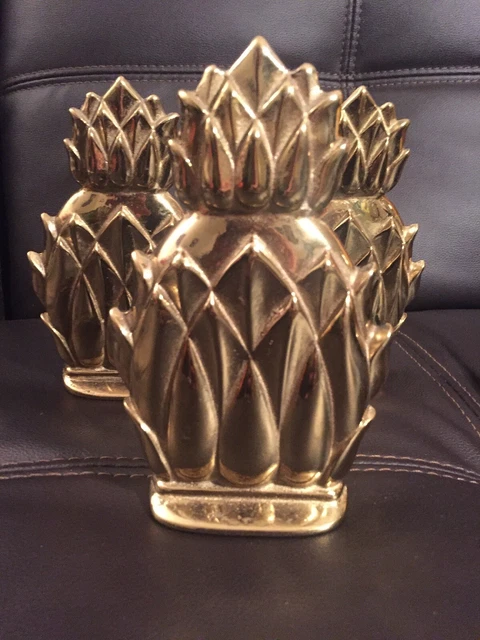 3 Vintage Virginia Metalcrafters Newport Solid Brass Pineapple Bookends Heavy