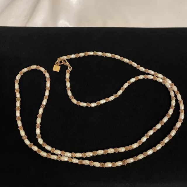 Vintage ANNE KLEIN  FAUX PEARL GOLD TONE LONG BEADED NECKLACE