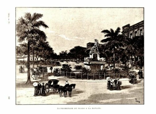 GRAVURE SUR BOIS 19ème PROMENADE DU PRADO A LA HAVANE CUBA