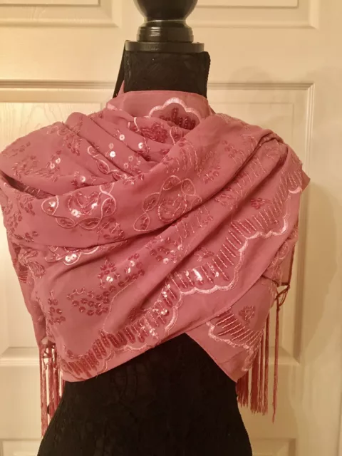 Women Rose Chiffon Scarf Shawl Wrap Hijab Jeweled Rhinestone & Fringe 78/ 24 NEW