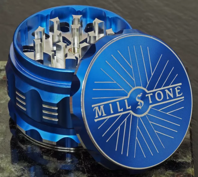 Millstone Herb Tobacco Grinder Large  4-Piece Metal 2.5 inch Magnetic Top Blue 2